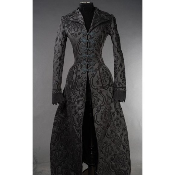 New Brocade Full Length Pocket Frog Clasp Velvet Cuff Coat Black - Picture 4 of 7